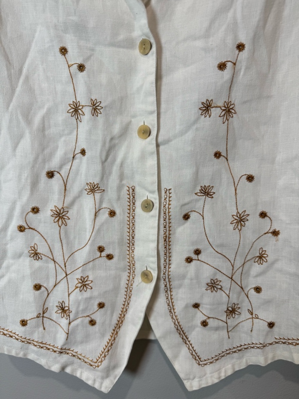 ESSENTIALS JP Vintage Linen Vest White Embroidered Floral Boho Top M - Picture 5 of 11